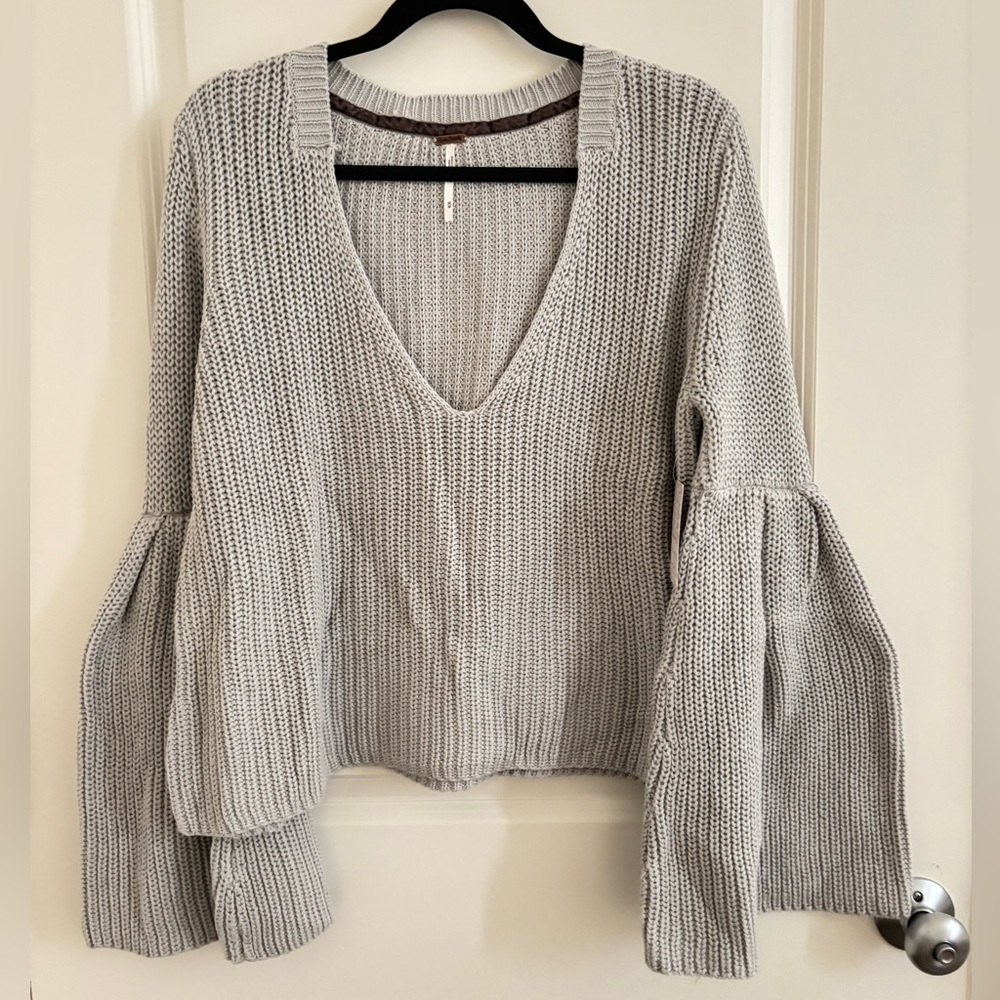 Free People Light Gray V-Neck Sweater